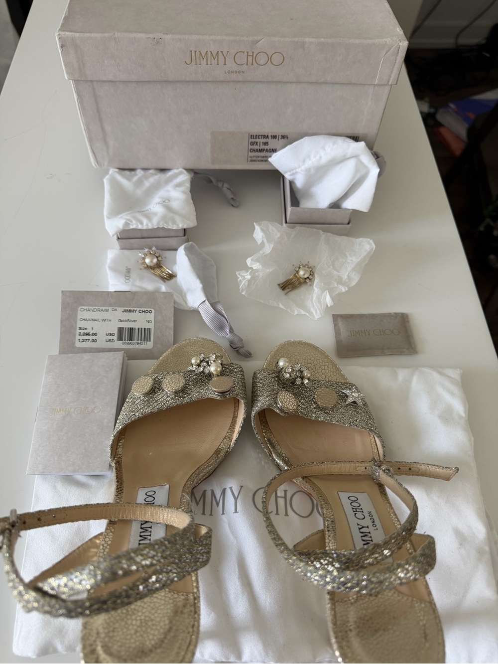 Jimmy Choo Gold Jeweled Ankle-Strap Sandals - Picture 2 of 8